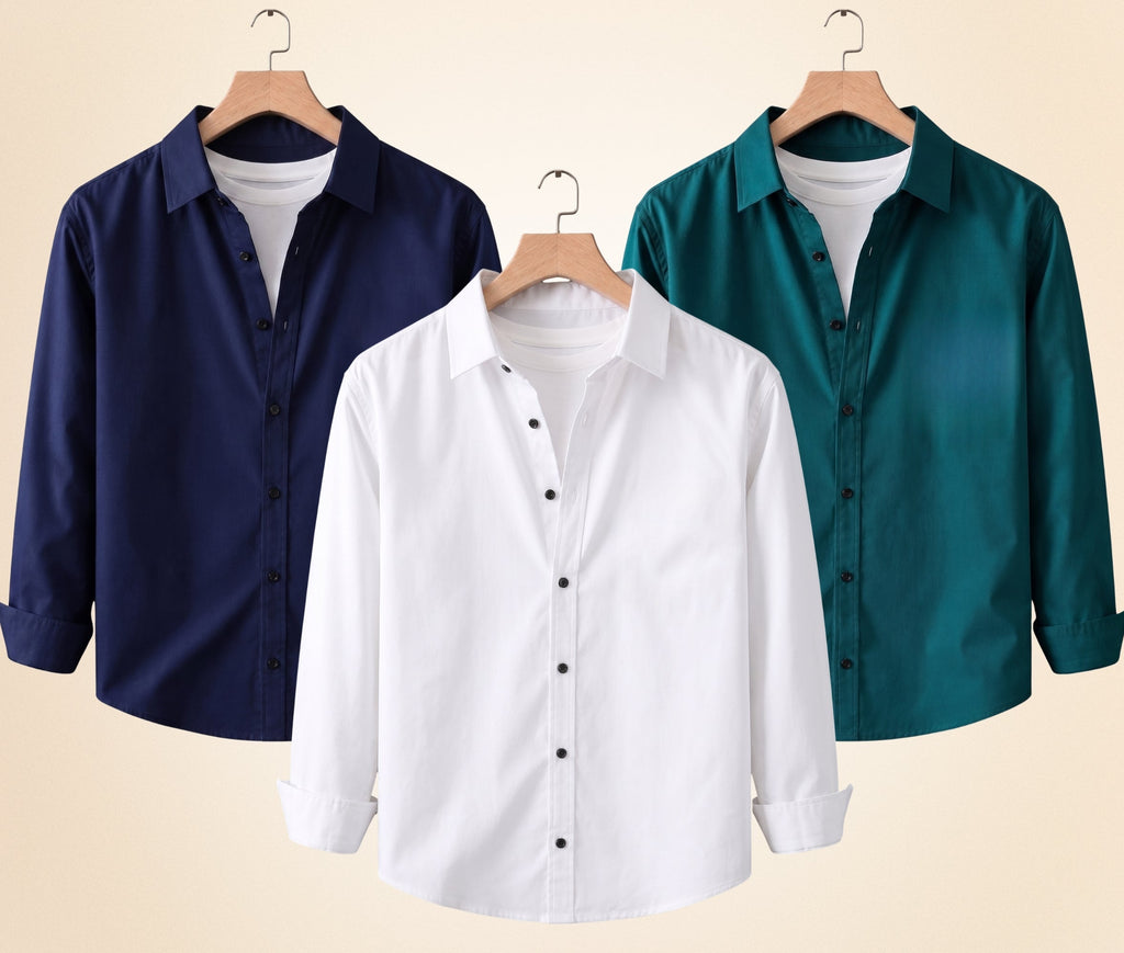 Roovam Men's Casual Shirts – Navy Blue, Teal Green and White | Pack of 3