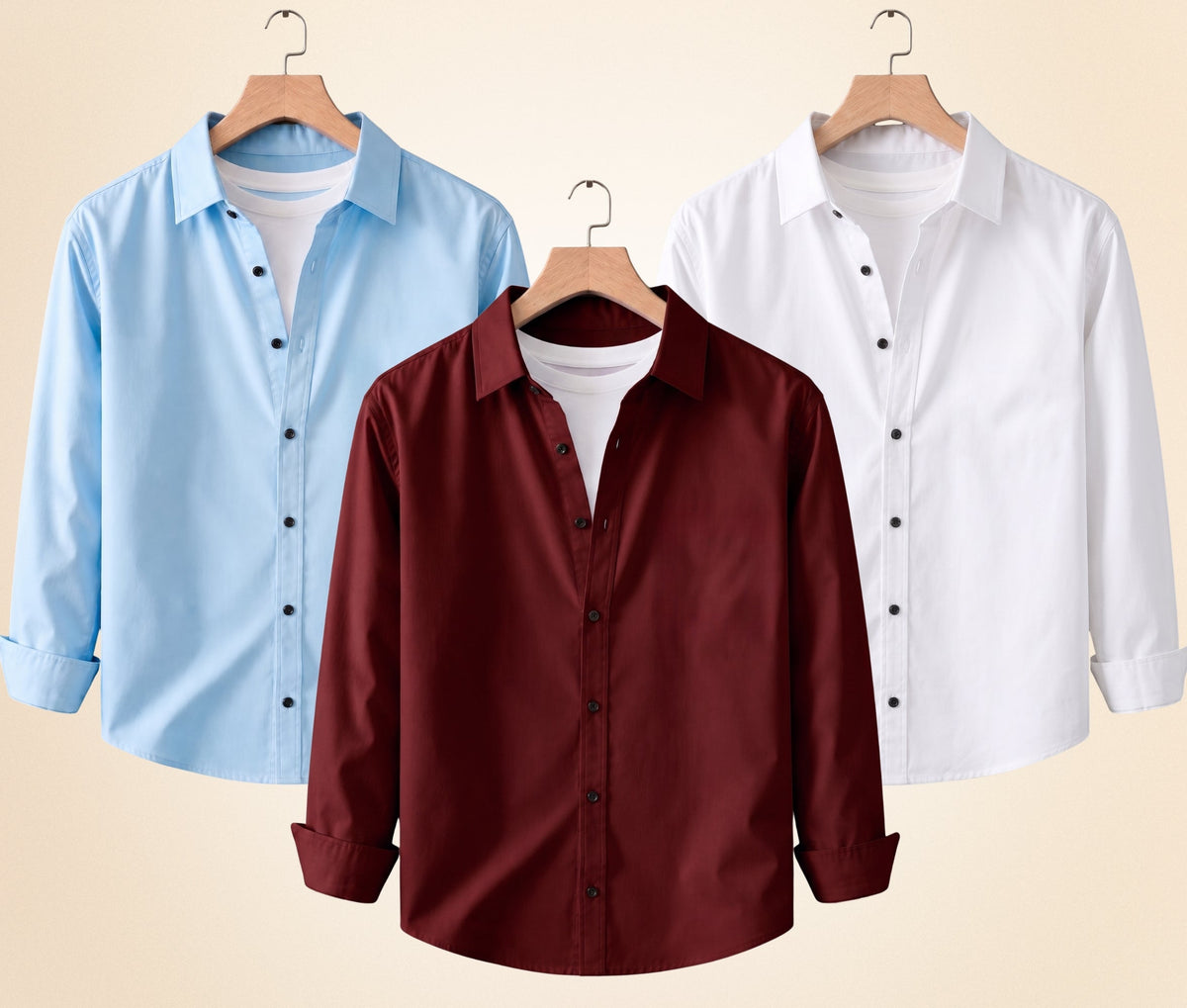 Roovam Men's Casual Shirts – Burgundy, Sky Blue and White | Pack of 3