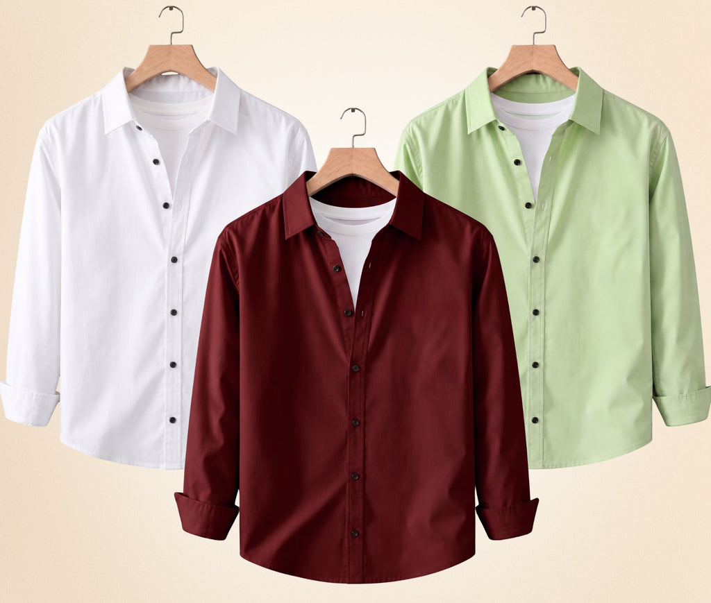 Roovam Men's Casual Shirts – Burgundy, Pista and White | Pack of 3