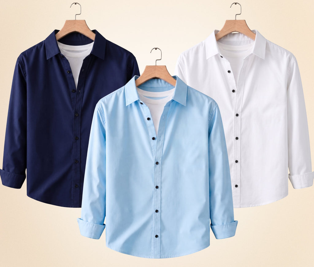 Roovam Men's Casual Shirts – Navy Blue, Sky Blue and White | Pack of 3