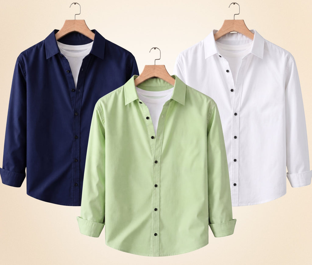 Roovam Men's Casual Shirts – Navy Blue, Pista and White | Pack of 3