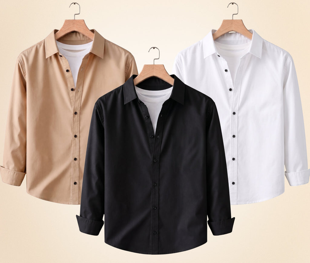 Roovam Men's Casual Shirts – Black, Sand Beige and White | Pack of 3
