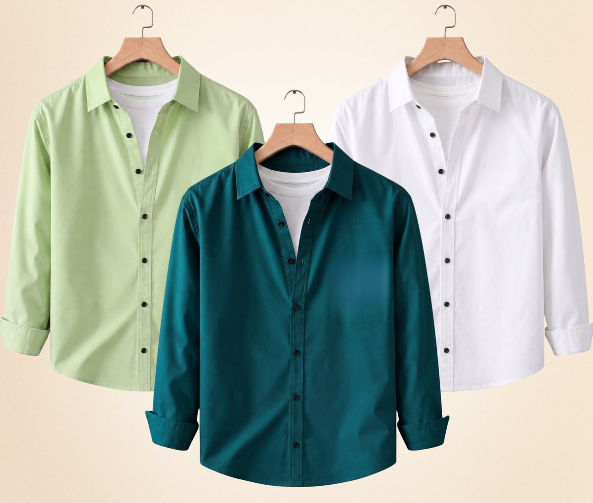 Roovam Men's Casual Shirts – Pista, Teal Green and White | Pack of 3