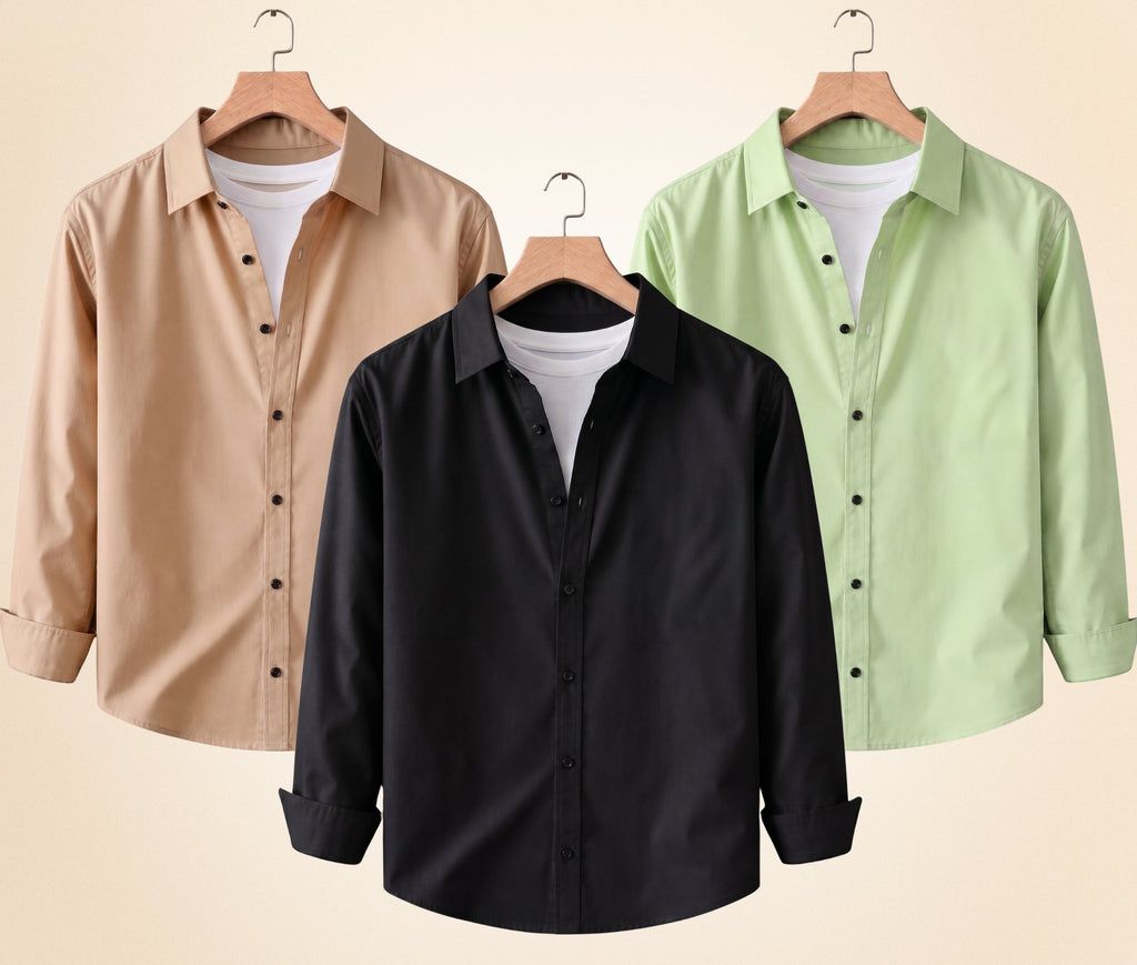 Roovam Men's Casual Shirts – Black, Sand Beige and Pista | Pack of 3