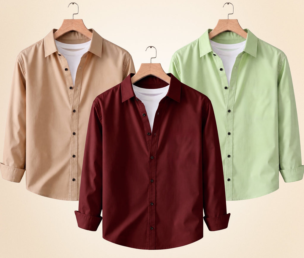 Roovam Men's Casual Shirts – Sand Beige, Burgundy and Pista | Pack of 3