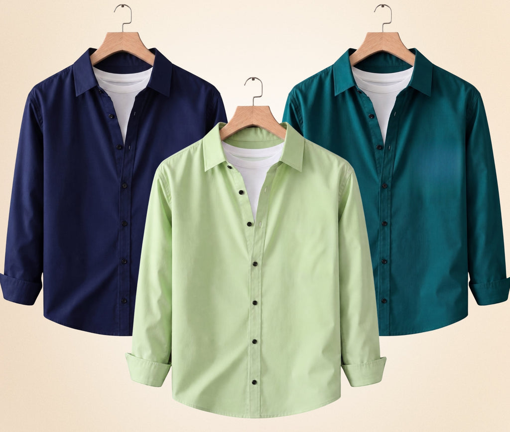 Roovam Men's Casual Shirts – Navy Blue, Pista and Teal Green | Pack of 3