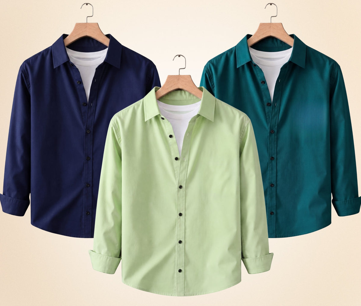 Roovam Men's Casual Shirts – Navy Blue, Pista and Teal Green | Pack of 3