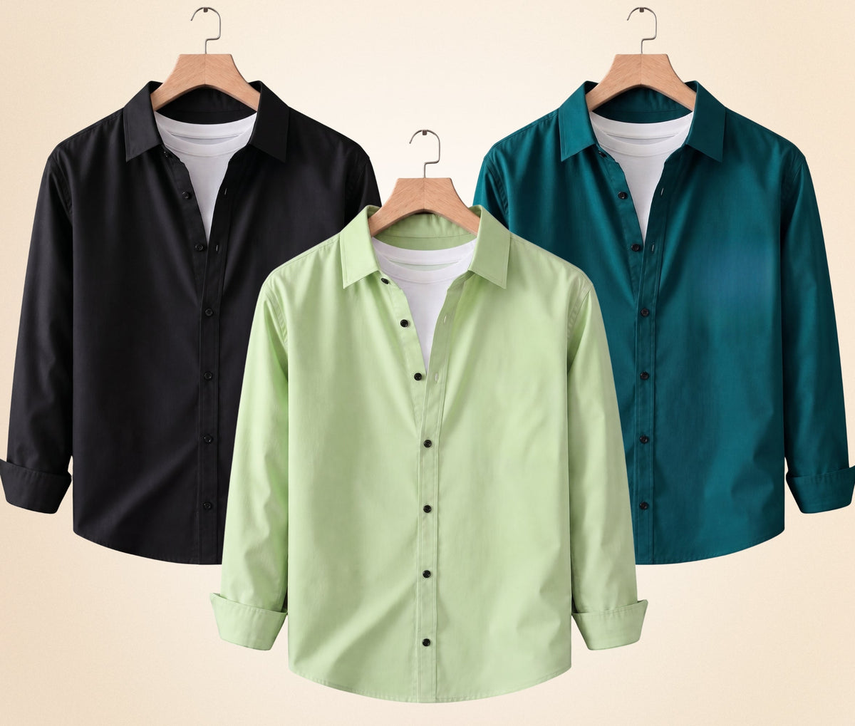 Roovam Men's Casual Shirts – Black, Pista and Teal Green | Pack of 3