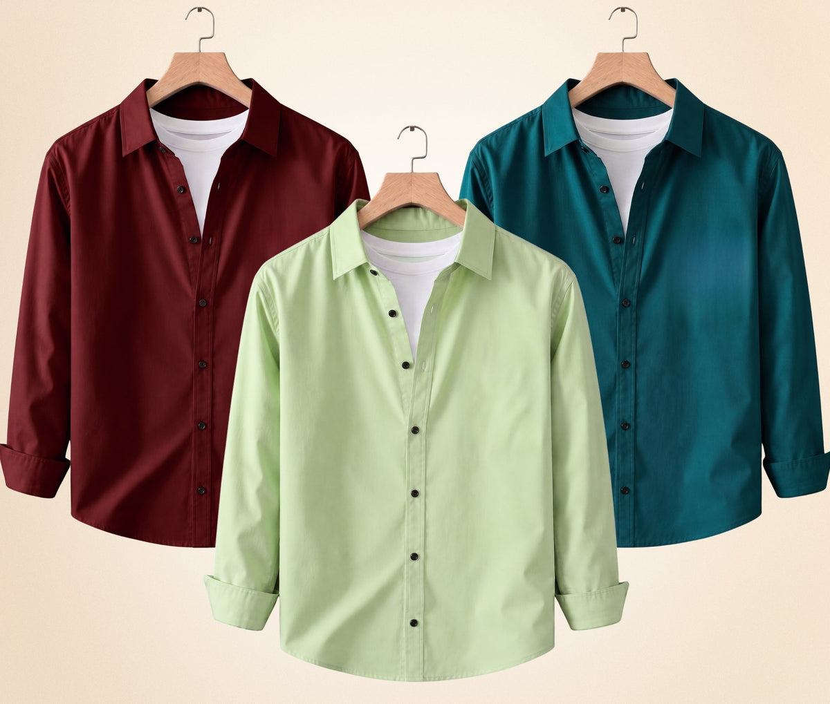Roovam Men's Casual Shirts – Burgundy, Pista and Teal Green | Pack of 3