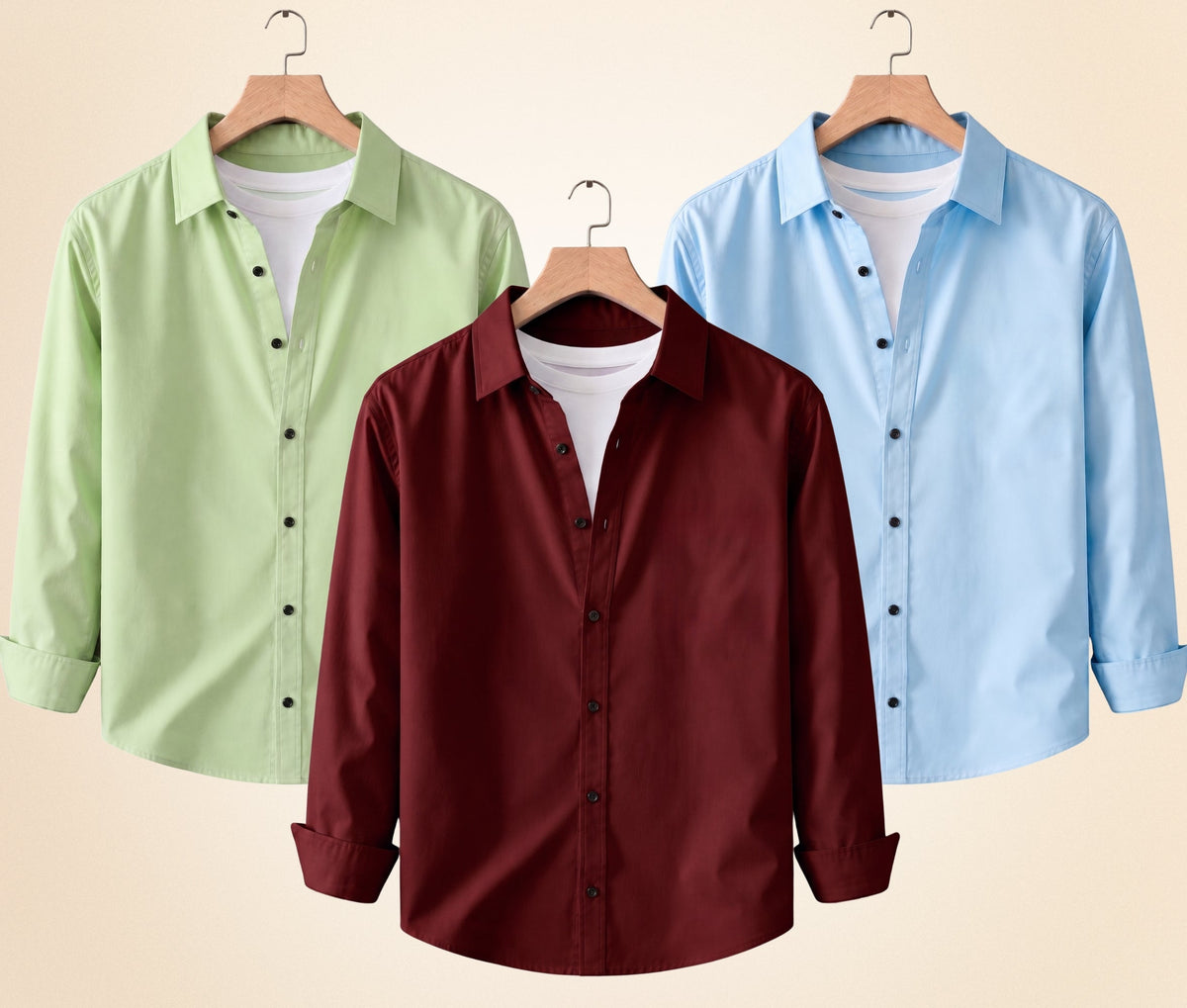 Roovam Men's Casual Shirts – Burgundy, Pista and Sky Blue | Pack of 3