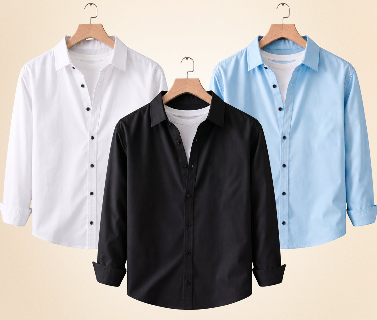 Roovam Men's Casual Shirts – Black, Sky Blue and White | Pack of 3