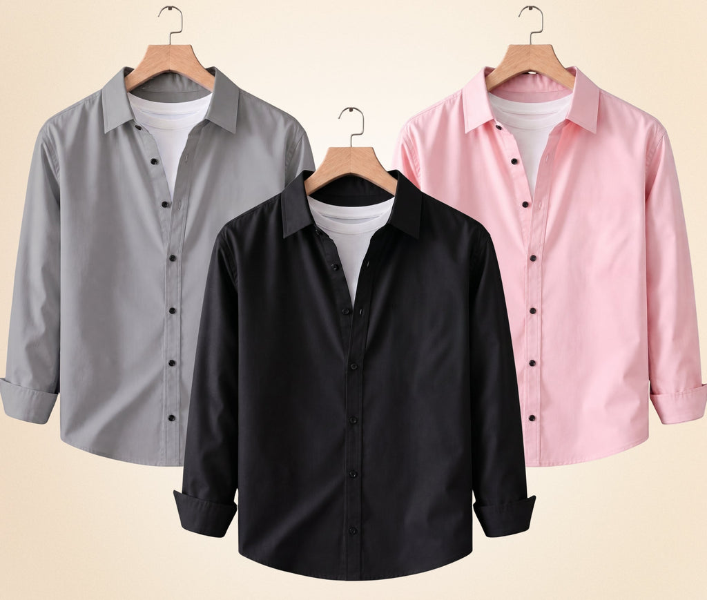 Roovam Men's Casual Shirts – Black, Grey and Peach Pink | Pack of 3
