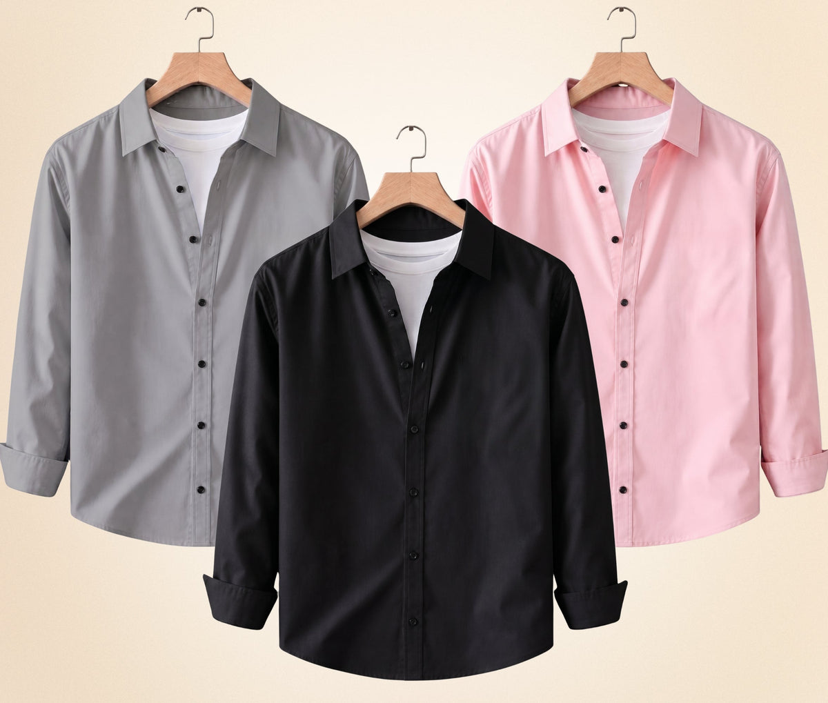Roovam Men's Casual Shirts – Black, Grey and Peach Pink | Pack of 3