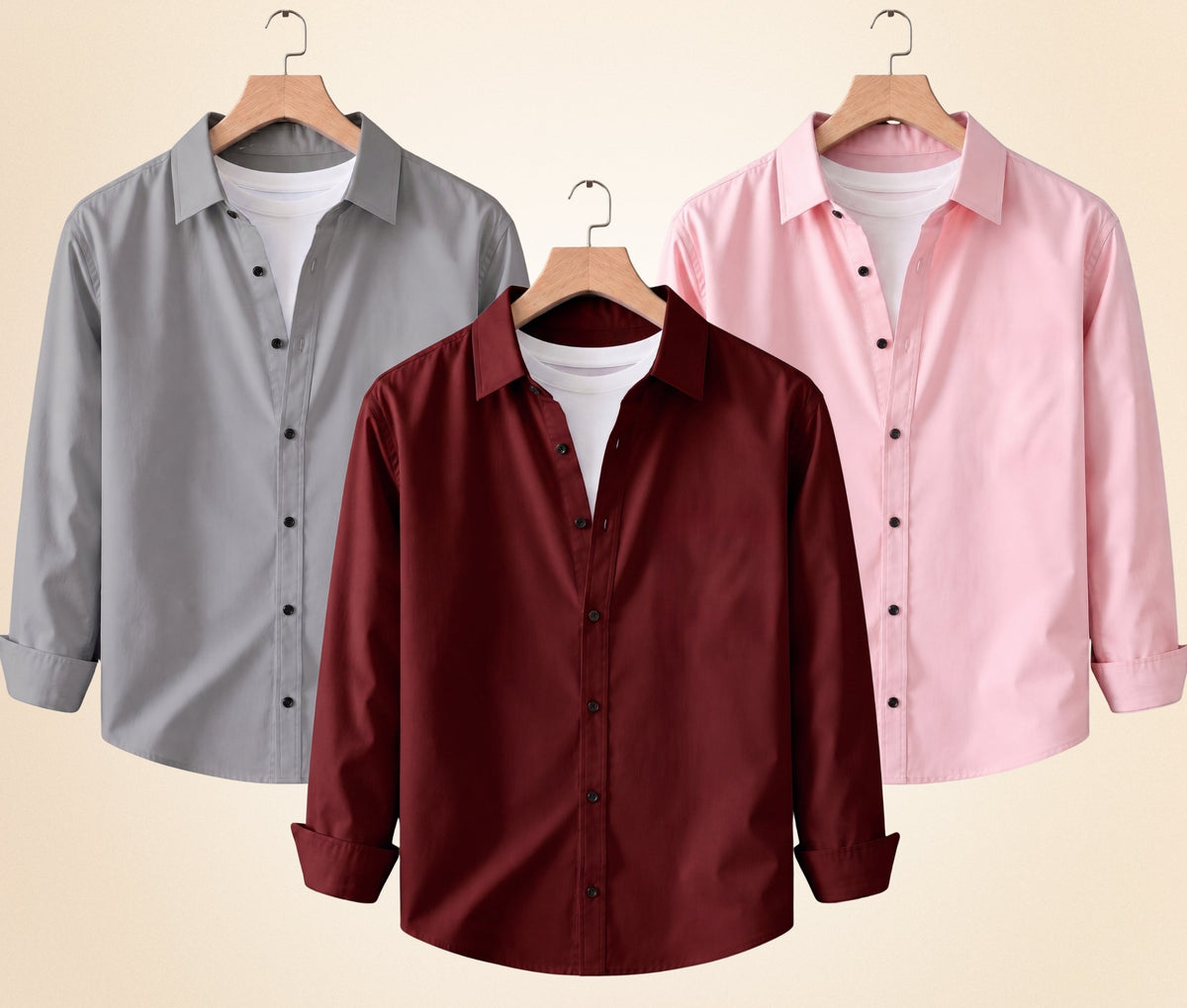 Roovam Men's Casual Shirts – Grey, Burgundy and Peach Pink | Pack of 3