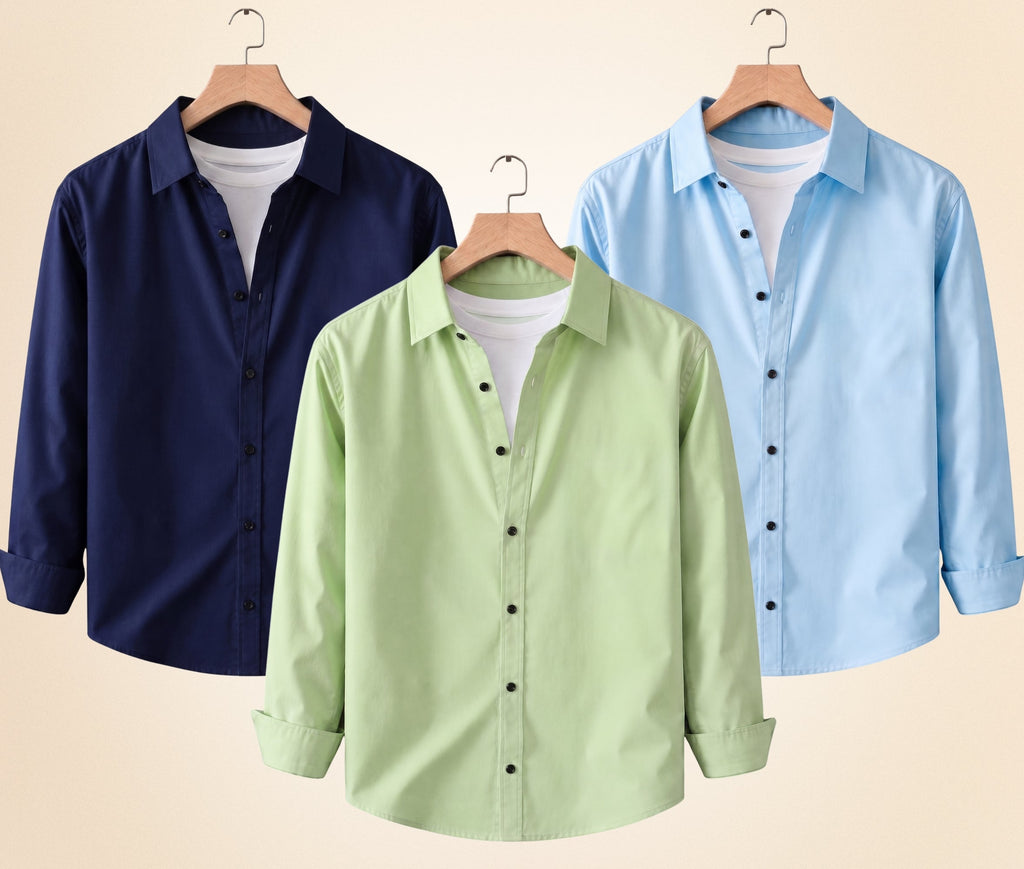 Roovam Men's Casual Shirts – Navy Blue, Pista and Sky Blue | Pack of 3