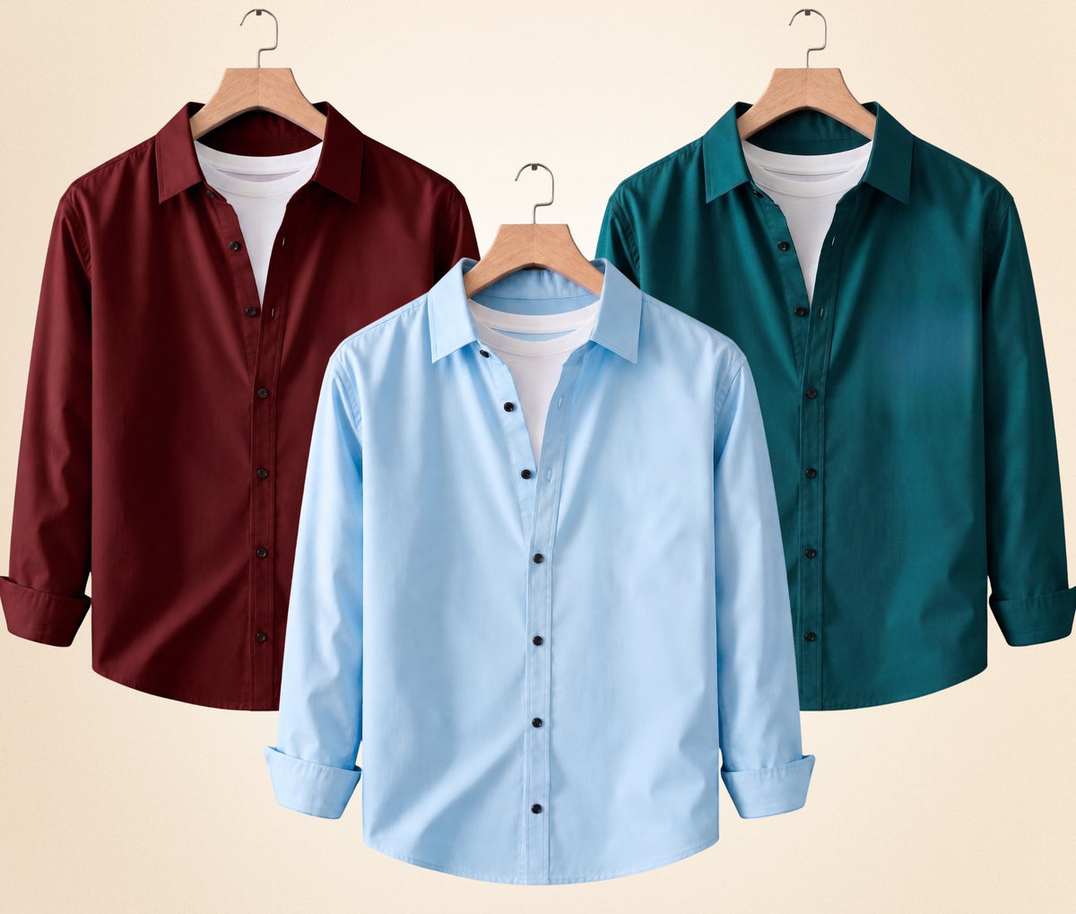 Roovam Men's Casual Shirts – Burgundy, Sky Blue and Teal Green | Pack of 3