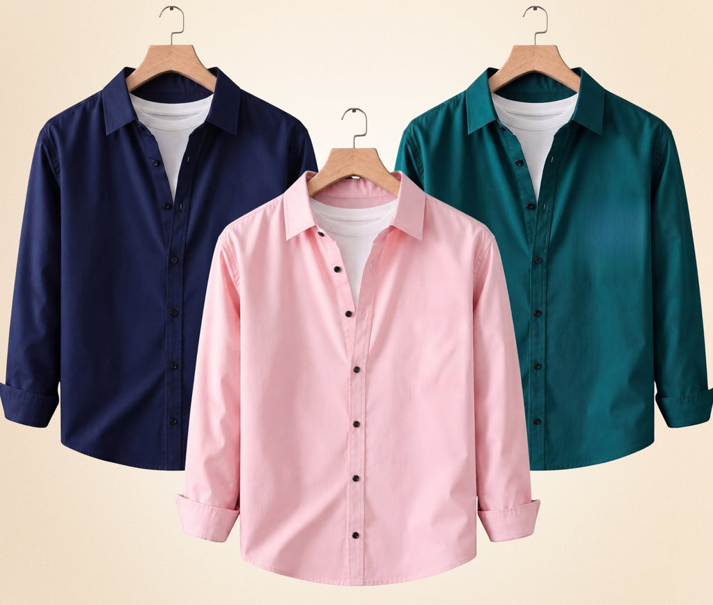 Roovam Men's Casual Shirts – Navy Blue, Peach Pink and Teal Green | Pack of 3