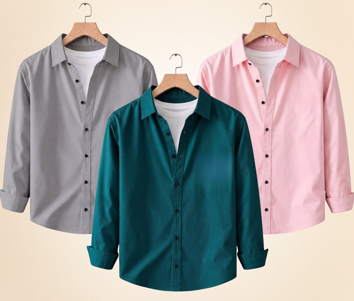 Roovam Men's Casual Shirts – Grey, Peach Pink and Teal Green | Pack of 3