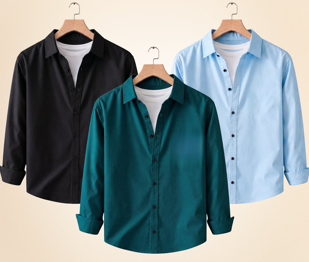 Roovam Men's Casual Shirts – Black, Sky Blue and Teal Green | Pack of 3