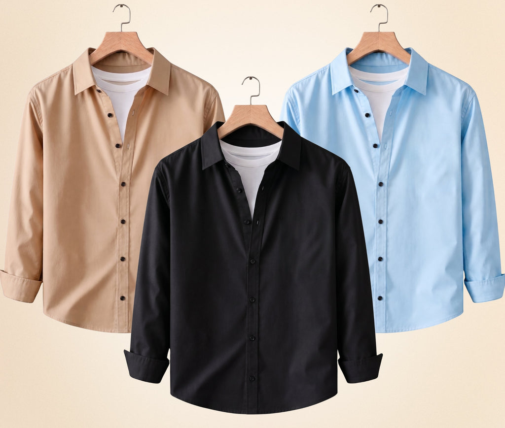 Roovam Men's Casual Shirts – Black, Sand Beige and Sky Blue | Pack of 3