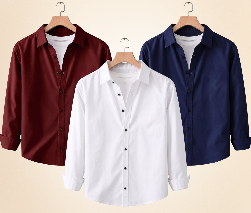 Roovam Men's Casual Shirts – Burgundy, Navy Blue and White | Pack of 3
