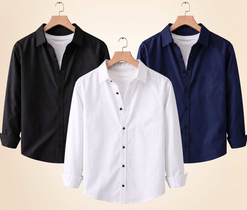Roovam Men's Casual Shirts – Black, Navy Blue and White | Pack of 3