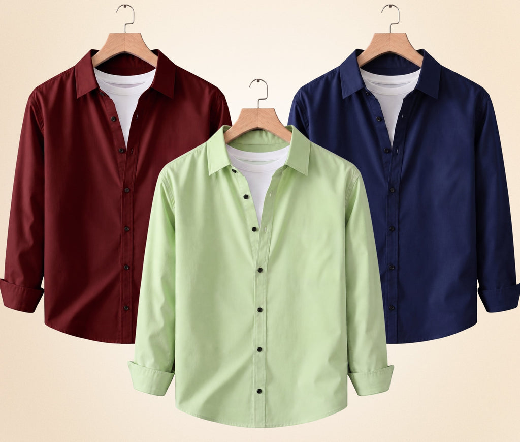 Roovam Men's Casual Shirts – Burgundy, Navy Blue and Pista | Pack of 3