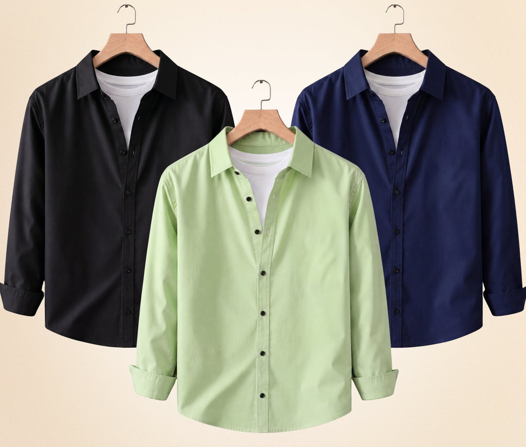 Roovam Men's Casual Shirts – Black, Navy Blue and Pista | Pack of 3