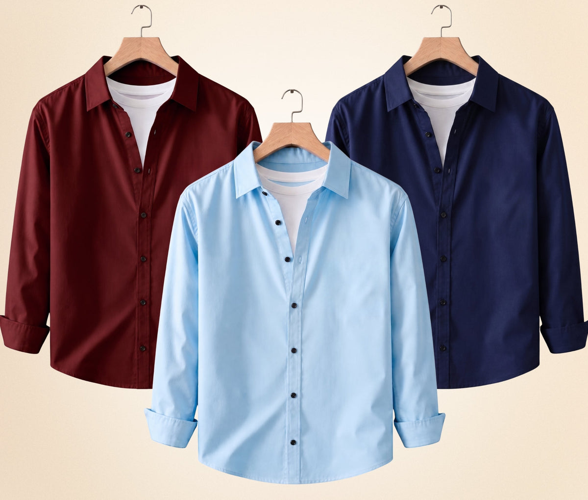 Roovam Men's Casual Shirts – Burgundy, Navy Blue and Sky Blue | Pack of 3