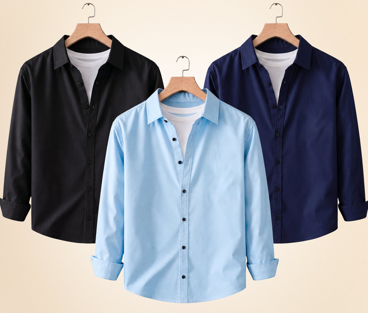 Roovam Men's Casual Shirts – Black, Navy Blue and Sky Blue | Pack of 3