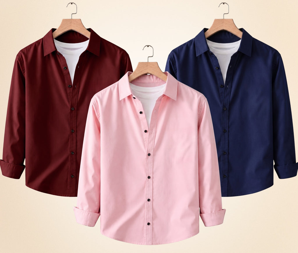 Roovam Men's Casual Shirts – Burgundy, Navy Blue and Peach Pink | Pack of 3
