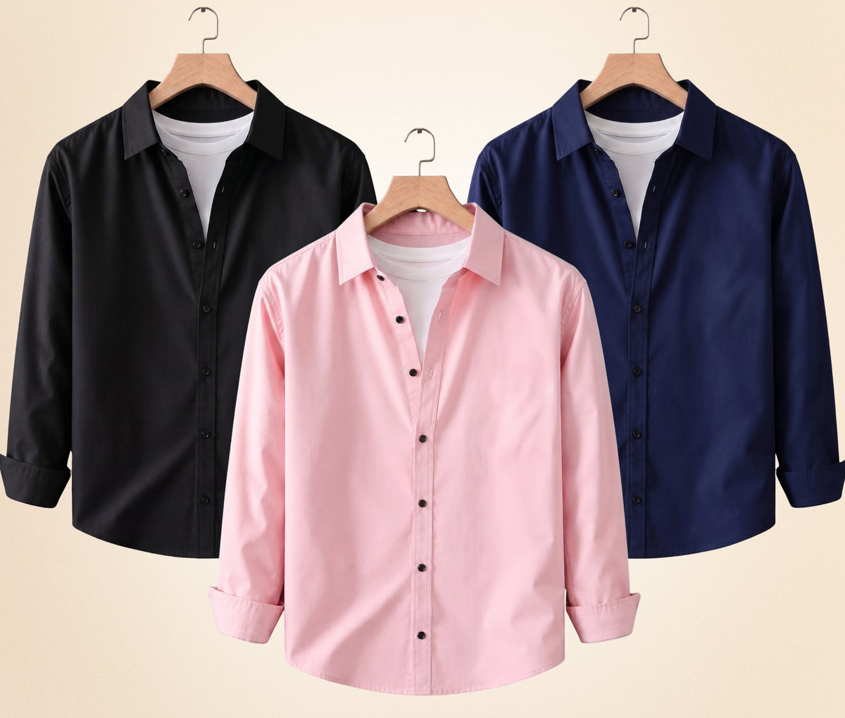 Roovam Men's Casual Shirts – Black, Navy Blue and Peach Pink | Pack of 3
