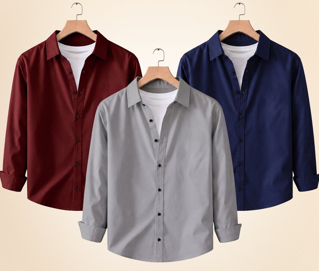 Roovam Men's Casual Shirts – Grey, Burgundy and Navy Blue | Pack of 3