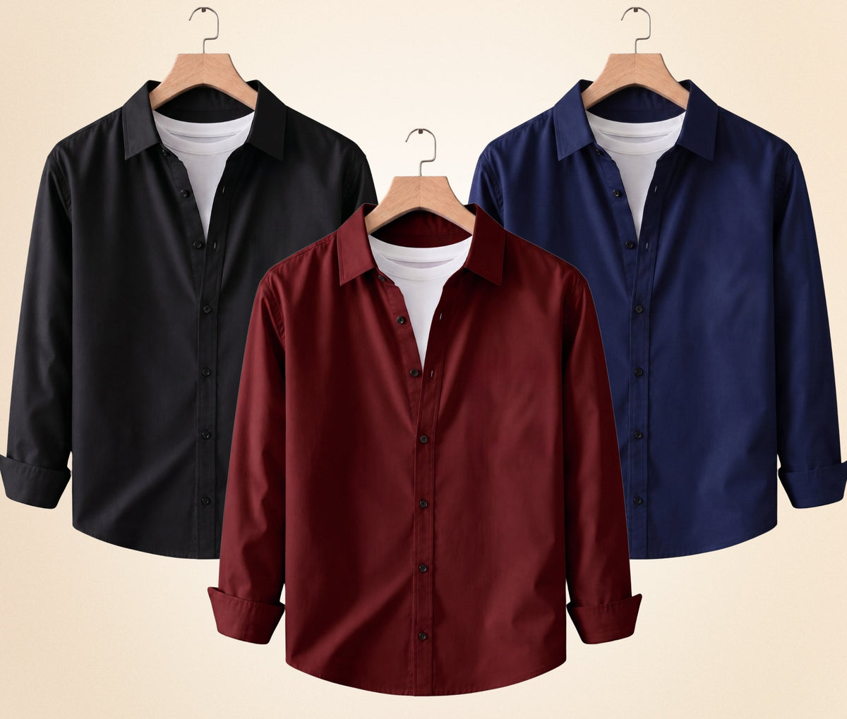 Roovam Men's Casual Shirts – Black, Burgundy and Navy Blue | Pack of 3