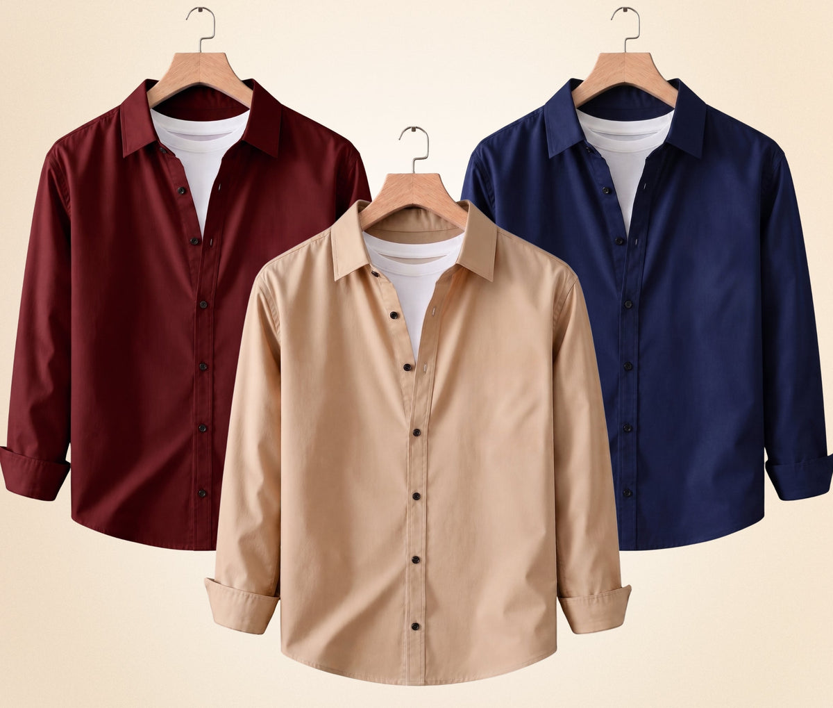 Roovam Men's Casual Shirts – Sand Beige, Burgundy and Navy Blue | Pack of 3