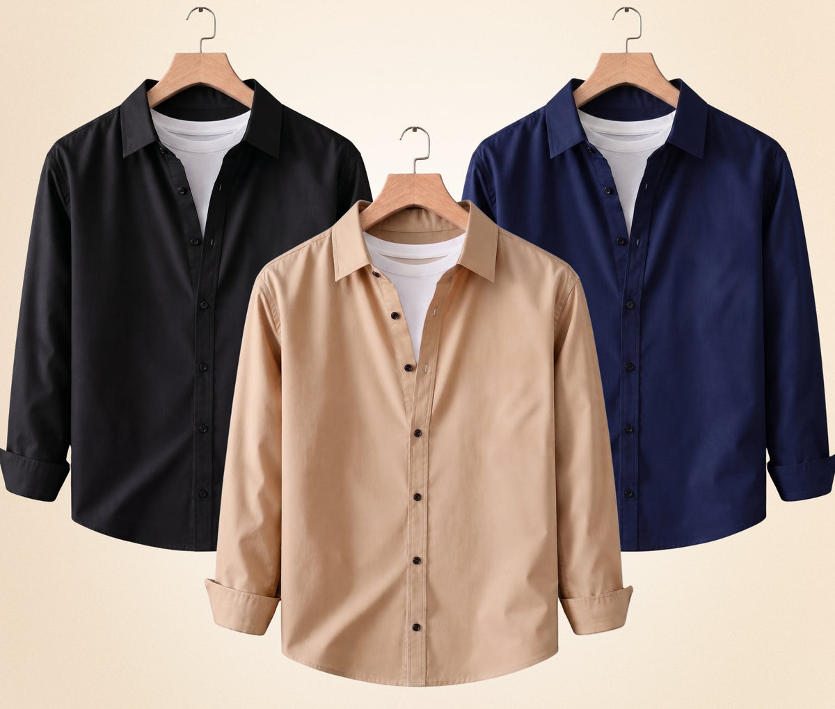 Roovam Men's Casual Shirts – Black, Sand Beige and Navy Blue | Pack of 3