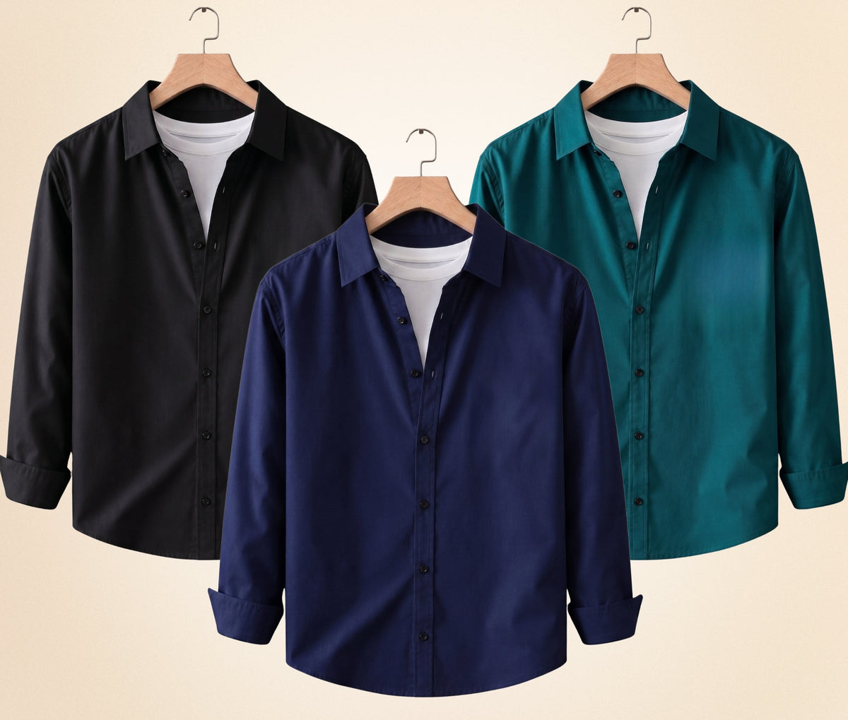Roovam Men's Casual Shirts – Black, Navy Blue and Teal Green | Pack of 3
