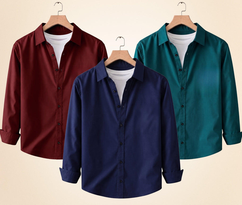 Roovam Men's Casual Shirts – Burgundy, Navy Blue and Teal Green | Pack of 3