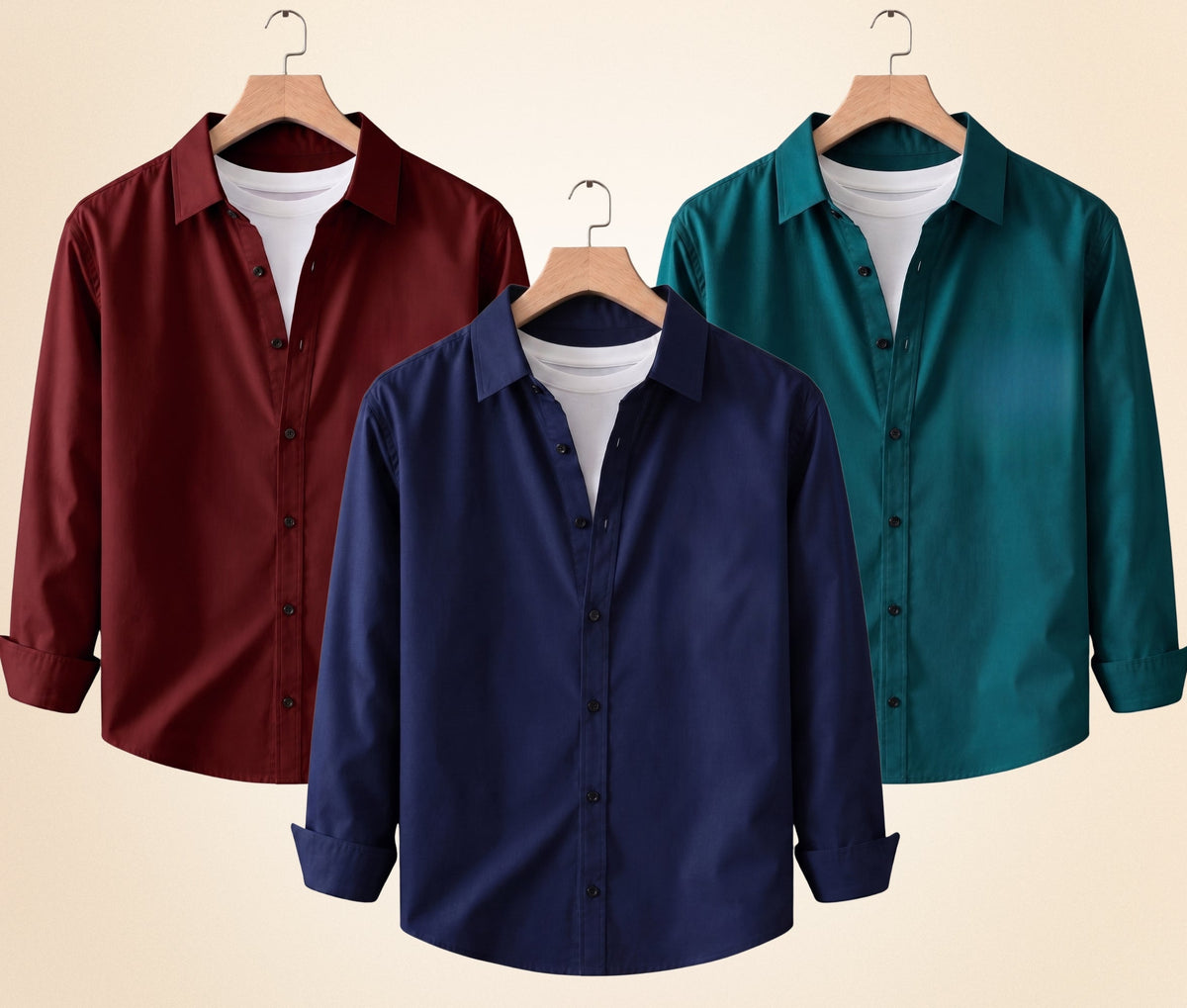 Roovam Men's Casual Shirts – Burgundy, Navy Blue and Teal Green | Pack of 3