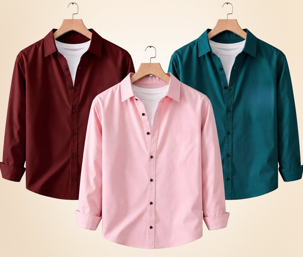Roovam Men's Casual Shirts – Burgundy, Peach Pink and Teal Green | Pack of 3