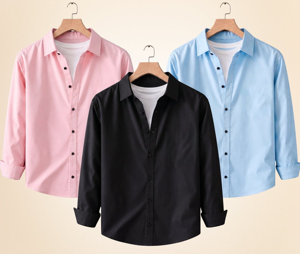 Roovam Men's Casual Shirts – Black, Peach Pink and Sky Blue | Pack of 3