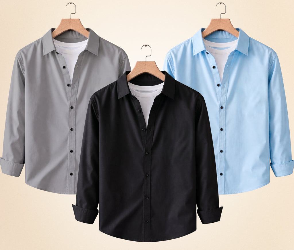 Roovam Men's Casual Shirts – Black, Grey and Sky Blue | Pack of 3
