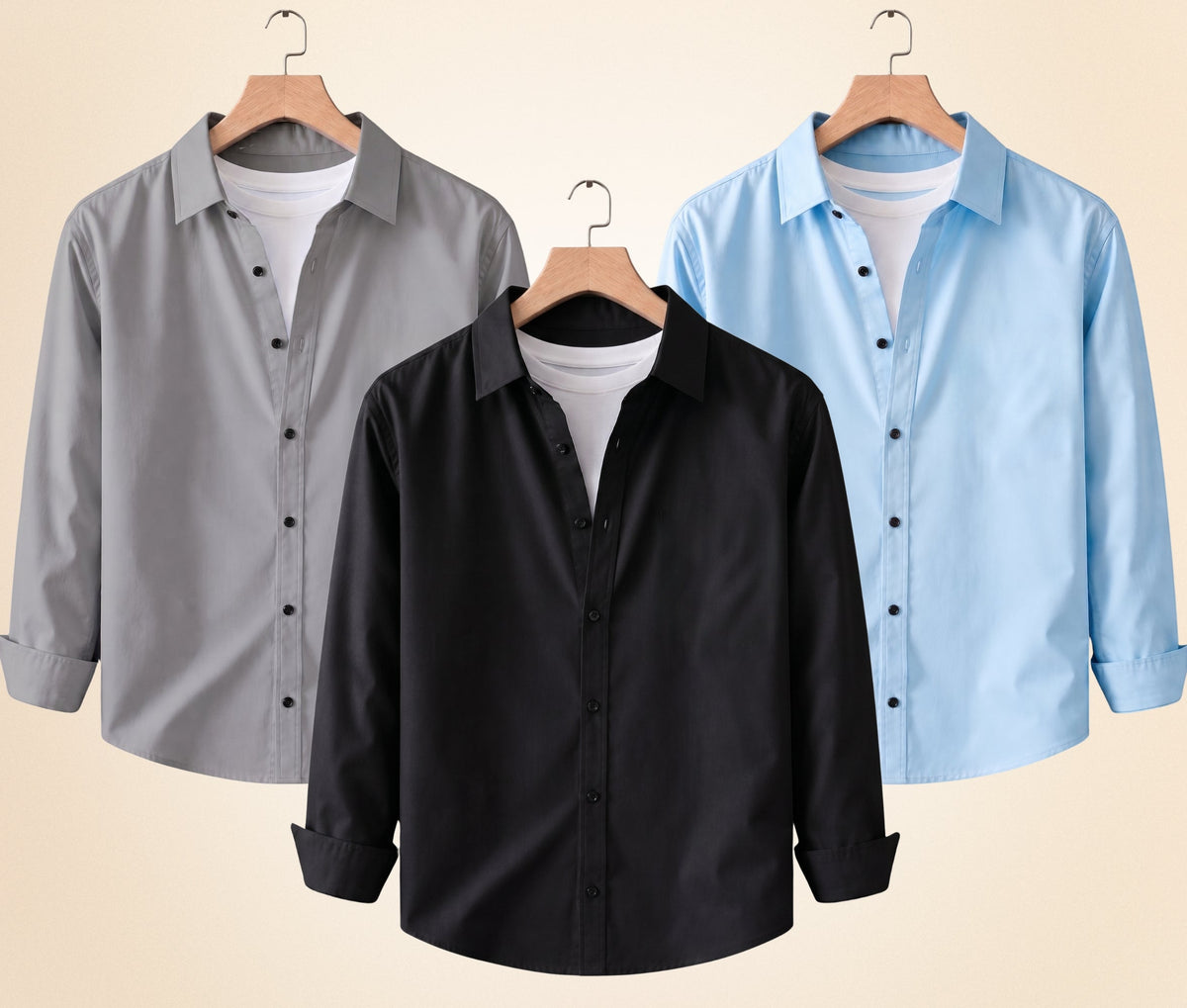 Roovam Men's Casual Shirts – Black, Grey and Sky Blue | Pack of 3