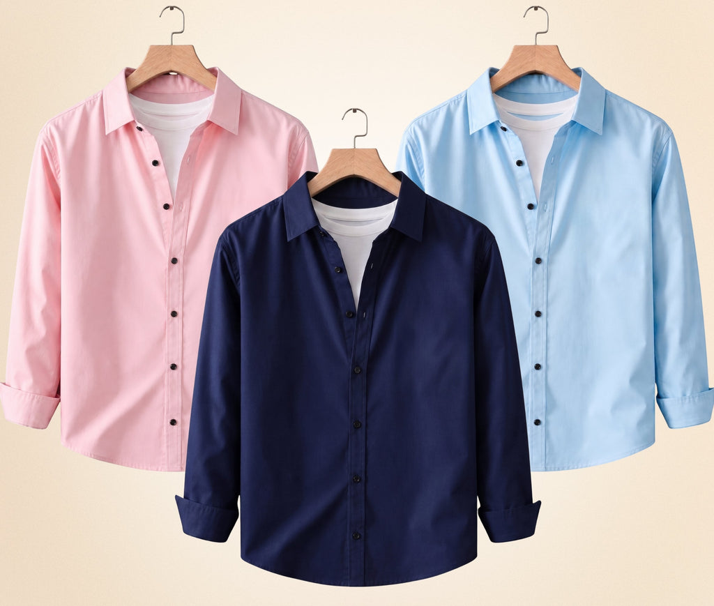 Roovam Men's Casual Shirts – Navy Blue, Peach Pink and Sky Blue | Pack of 3