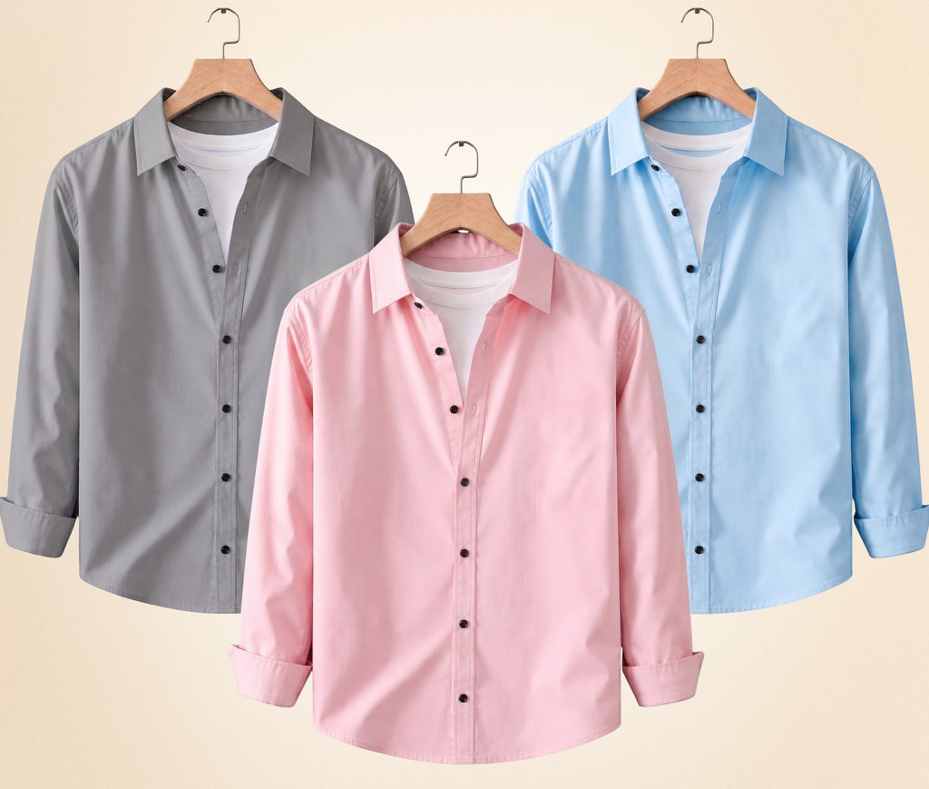 Roovam Men's Casual Shirts – Grey, Peach Pink and Sky Blue | Pack of 3
