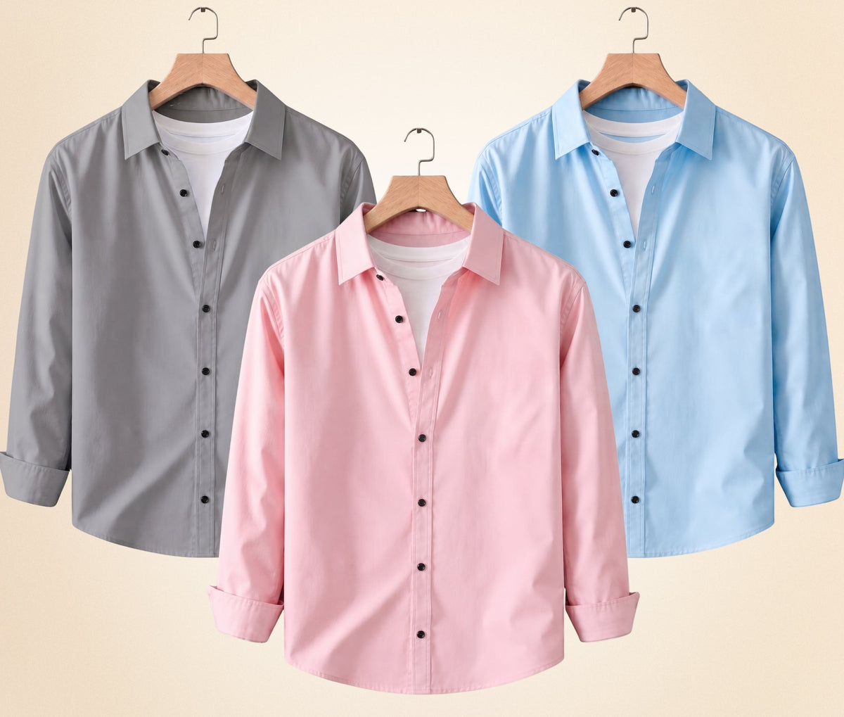 Roovam Men's Casual Shirts – Grey, Peach Pink and Sky Blue | Pack of 3