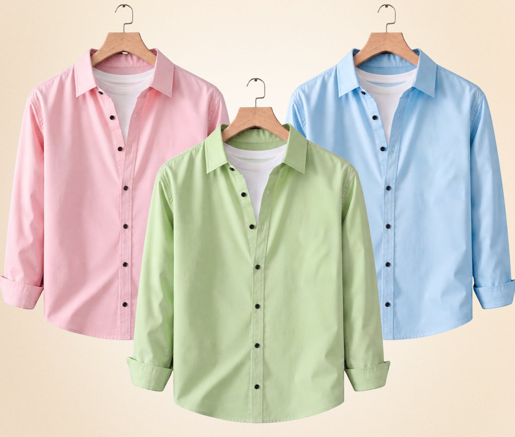 Roovam Men's Casual Shirts – Peach Pink, Pista and Sky Blue | Pack of 3