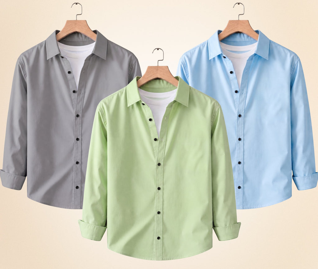 Roovam Men's Casual Shirts – Grey, Pista and Sky Blue | Pack of 3