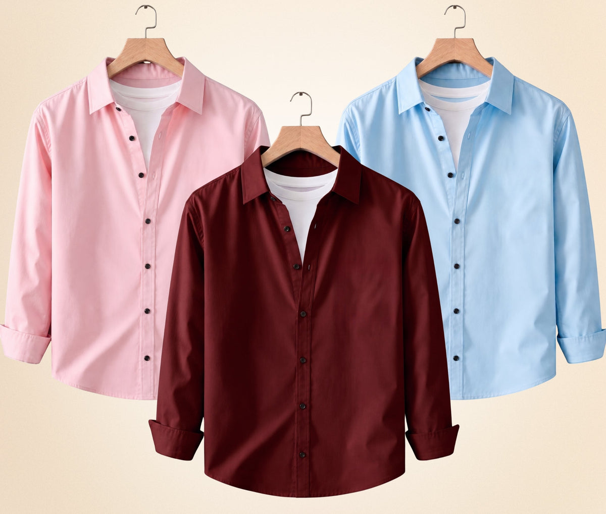 Roovam Men's Casual Shirts – Burgundy, Peach Pink and Sky Blue | Pack of 3