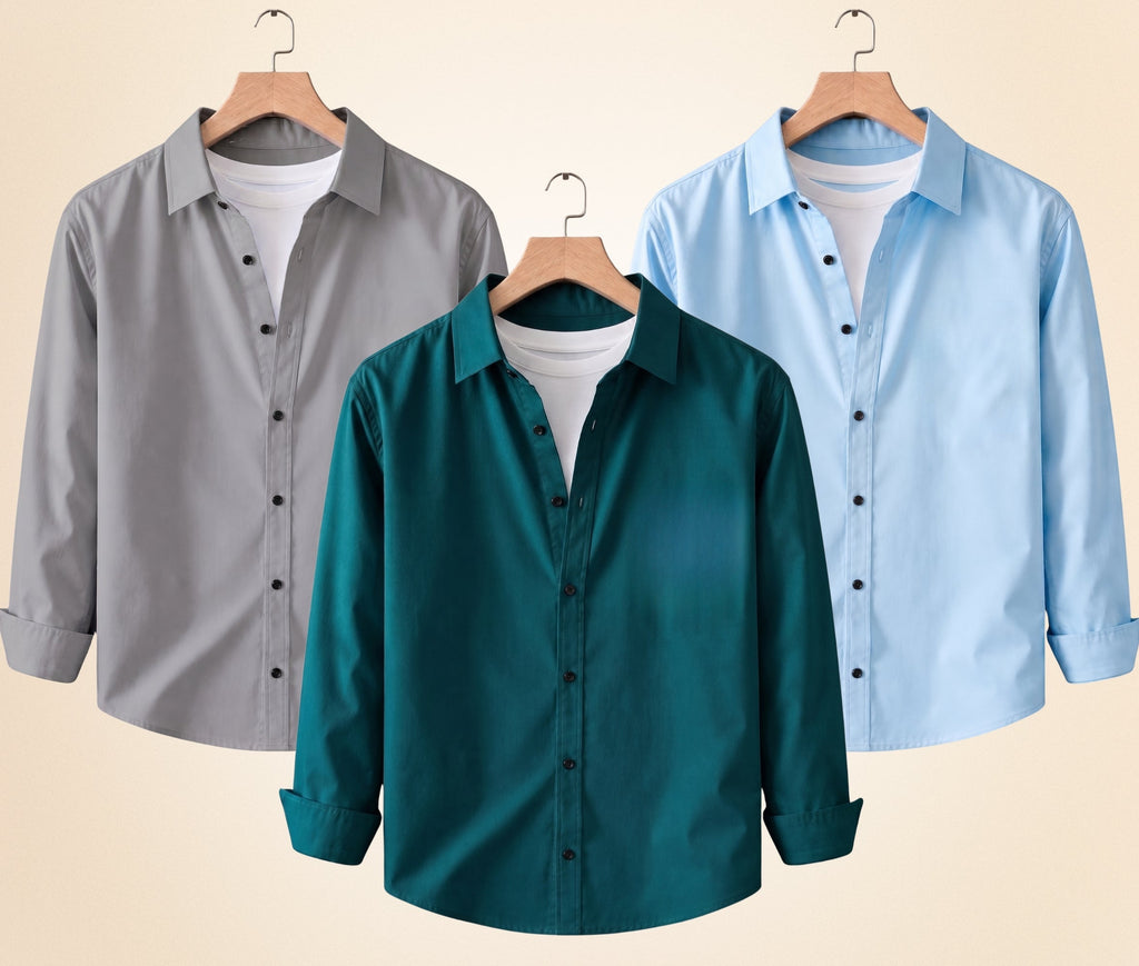 Roovam Men's Casual Shirts – Grey, Sky Blue and Teal Green | Pack of 3